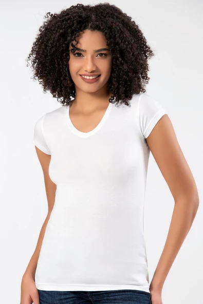 Weweus Beyaz Kadın Süper Ince Doğal Bambu Lüks Tişört 2315 - Resim 4