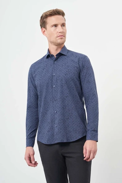 Koyu Lacivert Uzun Kol Yarım İtalyan Yaka Cepsiz Pamuklu Classic Slim Fit Gömlek 1004245222 ürün görseli 1