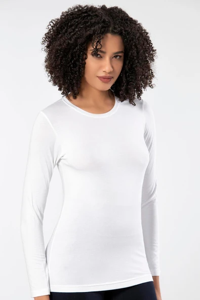 Weweus Beyaz Kadın Süper Ince Doğal Bambu Lüks Uzun Kol Tişört 2314 - Resim 4