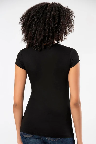 Weweus Siyah Kadın Süper Ince Doğal Bambu Lüks Tişört 2315 - Resim 3