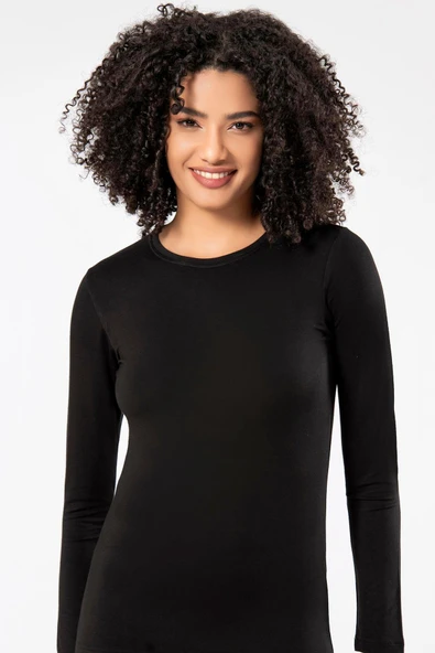Weweus Siyah Kadın Süper Ince Doğal Bambu Lüks Uzun Kol Tişört 2314 ürün görseli