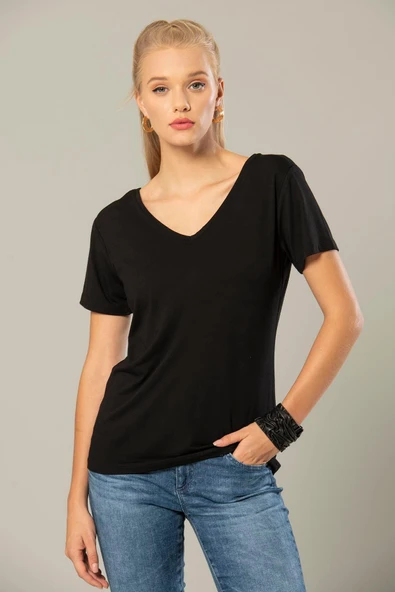 Weweus Siyah Kadın Viskon Ön Ve Arka V-yaka Tişört 237 - Resim 2