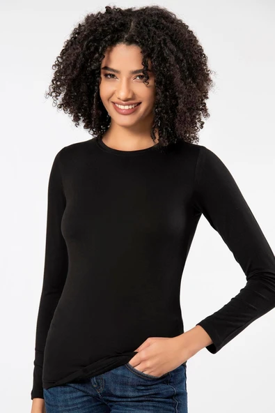 Weweus Siyah Kadın Süper Ince Doğal Bambu Lüks Uzun Kol Tişört 2314 - Resim 6