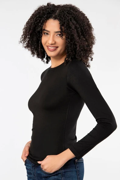 Weweus Siyah Kadın Süper Ince Doğal Bambu Lüks Uzun Kol Tişört 2314 - Resim 4