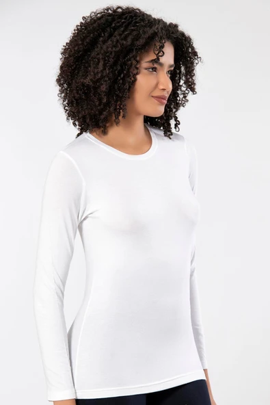 Weweus Beyaz Kadın Süper Ince Doğal Bambu Lüks Uzun Kol Tişört 2314 - Resim 5