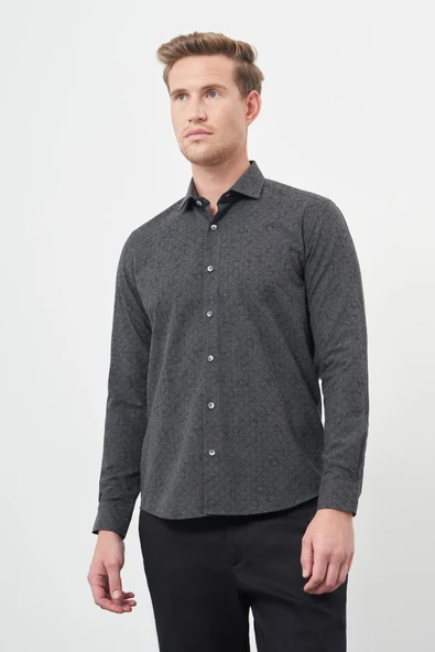 Siyah Uzun Kol Yarım İtalyan Yaka Cepsiz Pamuklu Classic Slim Fit Gömlek 1004245222 - Resim 3