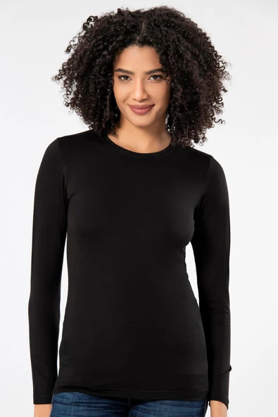 Weweus Siyah Kadın Süper Ince Doğal Bambu Lüks Uzun Kol Tişört 2314 - Resim 5