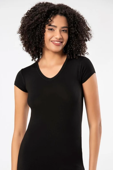 Weweus Siyah Kadın Süper Ince Doğal Bambu Lüks Tişört 2315 - Resim 5