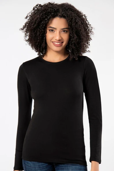 Weweus Siyah Kadın Süper Ince Doğal Bambu Lüks Uzun Kol Tişört 2314 - Resim 3
