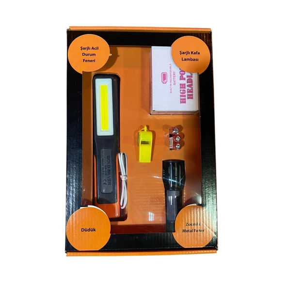 Gold Silver Acil Durum Seti Fener Kafa lambası Zoomlu Fener Düdük