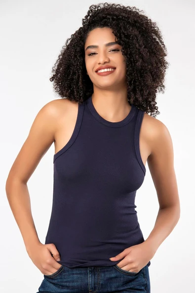 ERDEM İÇ GİYİM Erdem Weweus Lacivert Viskon Kaşkorse Halter Yaka Atlet Body Tişört - Resim 4