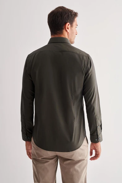 Haki Sert Yaka Filafil Desen Uzun Kol Slim Fit Pamuklu Gömlek 1004255181 - Resim 5