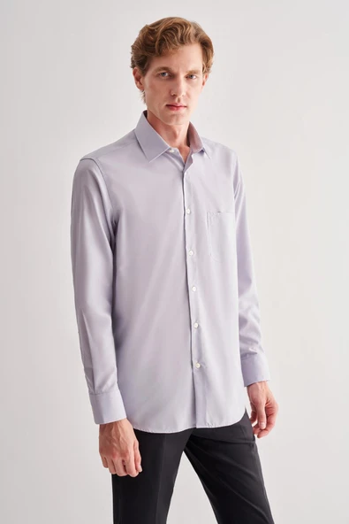 Gri Sert Yaka Uzun Kol Easy To Iron Comfort Fit Pamuklu Gömlek 1004255182 - Resim 3