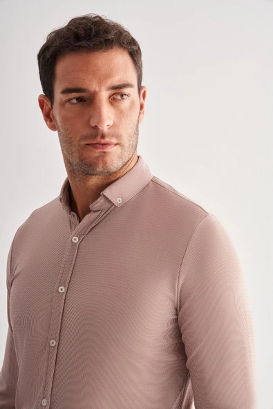 Koyu Kahverengi Smart Düğmeli Yaka Uzun Kol Cepsiz Slim Fit Casual Gömlek 1004255165 - Resim 4