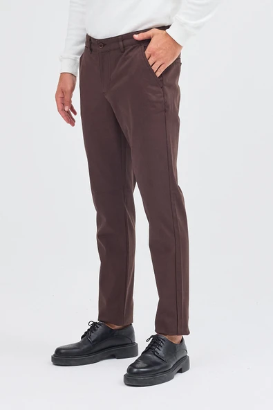 Sütlü Kahverengi Yan Cep Düz Paça Pamuklu Slim Fit Chino Casual Pantolon 1003255155 - Resim 3
