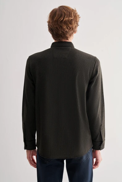 Koyu Haki Smart Düğmeli Yaka Uzun Kol Cepsiz Slim Fit Casual Gömlek 1004255170 - 5