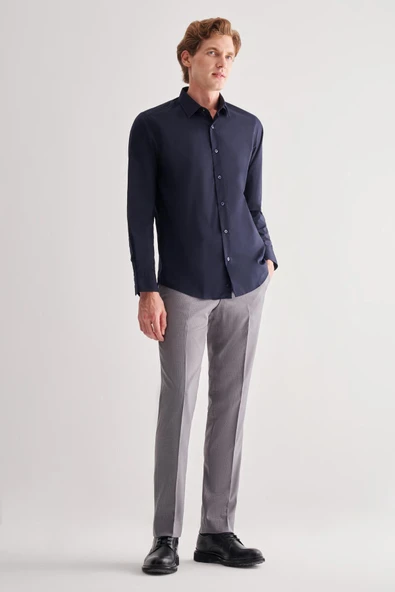 Koyu Lacivert Sert Yaka Filafil Desen Uzun Kol Slim Fit Pamuklu Gömlek 1004255181 - Resim 2
