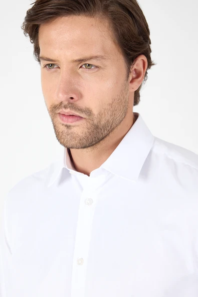 Beyaz Uzun Kol Sert Yaka Cepsiz  Comfort Fit Pamuklu Gömlek 1004250914 - Resim 4