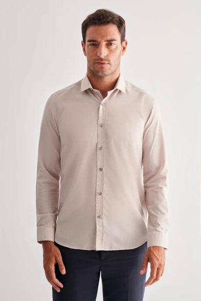 Koyu Bej Yarım İtalyan Yaka Uzun Kol Slim Fit Pamuklu Gömlek 1004255180 ürün görseli