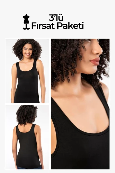 Weweus 3'lü Siyah Micro Modal Premium Kadın Atlet Tshirt Body 21103 ürün görseli