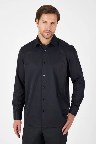 Siyah Uzun Kol Sert Yaka Cepsiz  Comfort Fit Pamuklu Gömlek 1004250914 - Resim 3