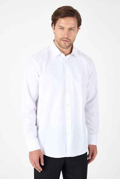 Beyaz Uzun Kol Sert Yaka Cepsiz  Comfort Fit Pamuklu Gömlek 1004250914 - Resim 3