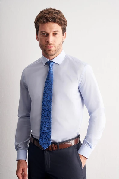 Açık Mavi Yarım İtalyan Yaka Uzun Kol Easy To Iron Slim Fit Pamuklu Gömlek 1004255301 ürün görseli