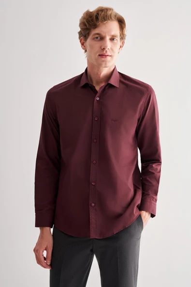 Bordo Yarım İtalyan Yaka Uzun Kol Slim Fit Pamuklu Gömlek 1004255180 - Resim 2