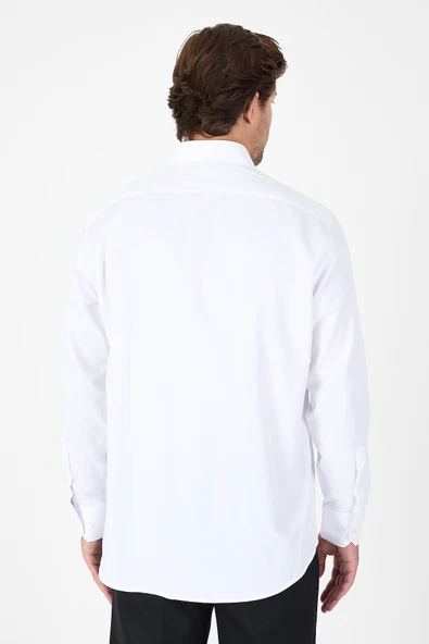 Beyaz Uzun Kol Sert Yaka Cepsiz  Comfort Fit Pamuklu Gömlek 1004250914 - Resim 5