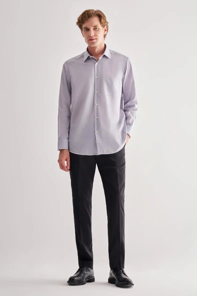 Gri Sert Yaka Uzun Kol Easy To Iron Comfort Fit Pamuklu Gömlek 1004255182 - Resim 2