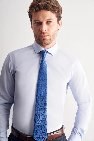 Açık Mavi Yarım İtalyan Yaka Uzun Kol Easy To Iron Slim Fit Pamuklu Gömlek 1004255301 - Resim 4