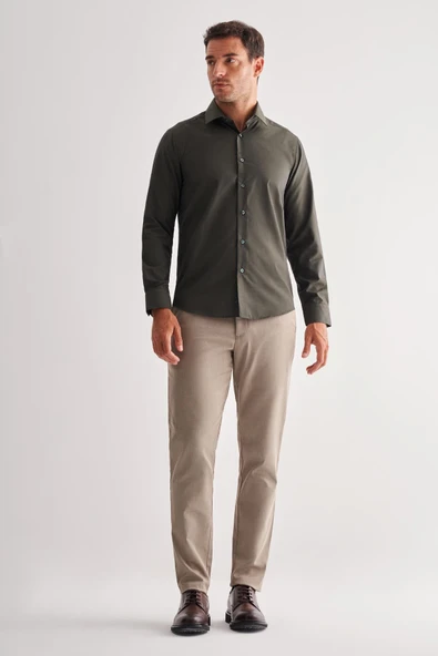 Haki Sert Yaka Filafil Desen Uzun Kol Slim Fit Pamuklu Gömlek 1004255181 - Resim 2