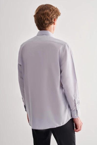 Gri Sert Yaka Uzun Kol Easy To Iron Comfort Fit Pamuklu Gömlek 1004255182 - Resim 5