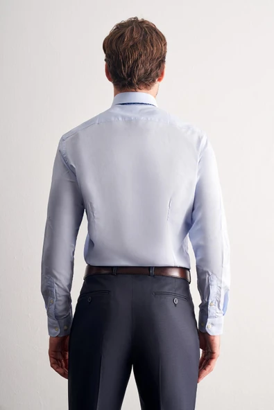 Açık Mavi Yarım İtalyan Yaka Uzun Kol Easy To Iron Slim Fit Pamuklu Gömlek 1004255301 - Resim 5