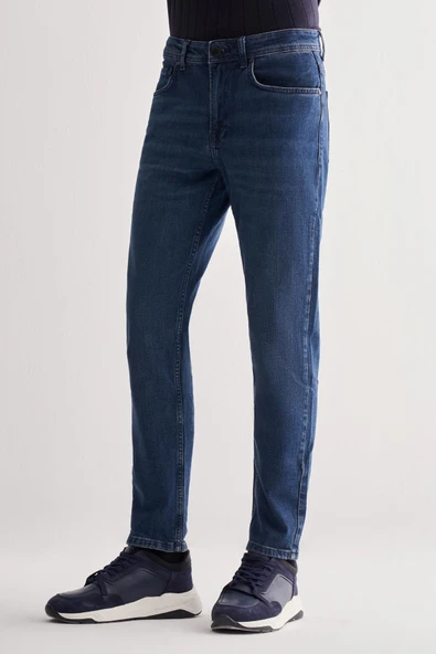 Koyu Lacivert Gabardin 5 Cep Düz Paça Casual Slim Fit Pamuklu Denim Pantolon 1023255151 - Resim 3