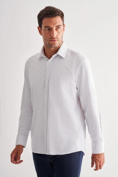 Beyaz Sert Yaka Uzun Kol Cepli Comfort Fit Classic Gömlek 1004255164 - Resim 3