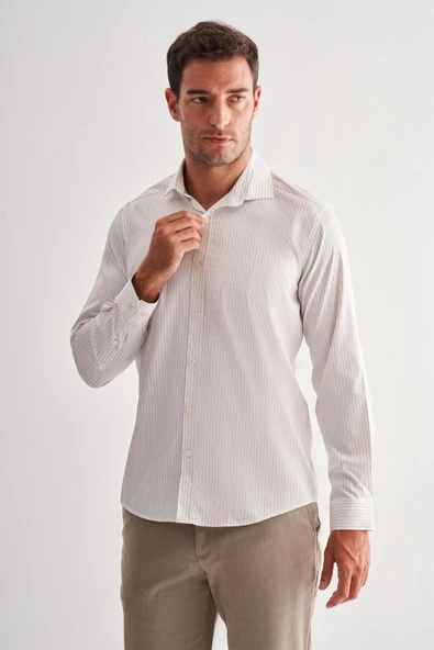 Beyaz Yarım İtalyan Yaka Uzun Kol Cepsiz Slim Fit Cls Gömlek 1004255174 - Resim 3