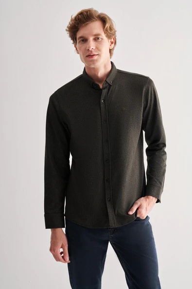 Koyu Haki Smart Düğmeli Yaka Uzun Kol Cepsiz Slim Fit Casual Gömlek 1004255170