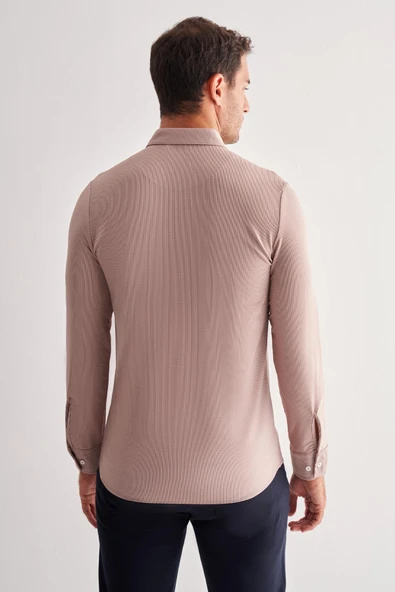 Koyu Kahverengi Smart Düğmeli Yaka Uzun Kol Cepsiz Slim Fit Casual Gömlek 1004255165 - Resim 5