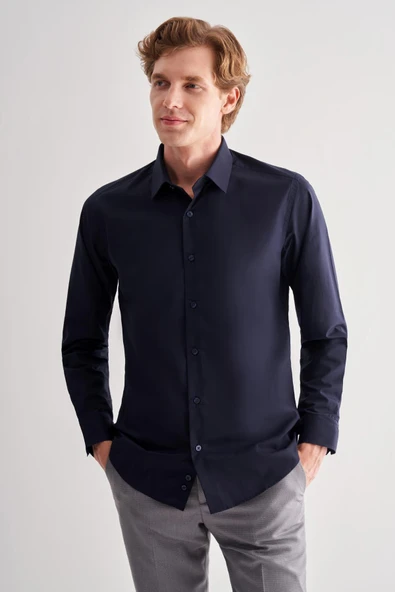 Koyu Lacivert Sert Yaka Filafil Desen Uzun Kol Slim Fit Pamuklu Gömlek 1004255181 ürün görseli