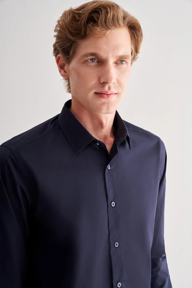 Koyu Lacivert Sert Yaka Filafil Desen Uzun Kol Slim Fit Pamuklu Gömlek 1004255181 - Resim 4