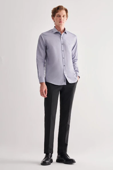 Koyu Gri Yarım İtalyan Yaka Uzun Kol Slim Fit Pamuklu Gömlek 1004255180 - Resim 2