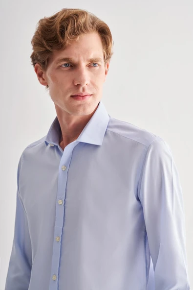 Açık Mavi Yarım İtalyan Yaka Uzun Kol Easy To Iron Slim Fit Pamuklu Gömlek 1004255301 - Resim 9