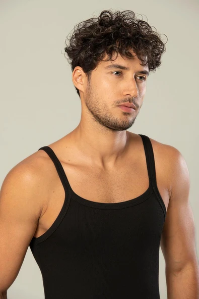 ERDEM İÇ GİYİM Erdem Siyah Ince Askılı Erkek Kaşkorse Atlet 1117 - Resim 3