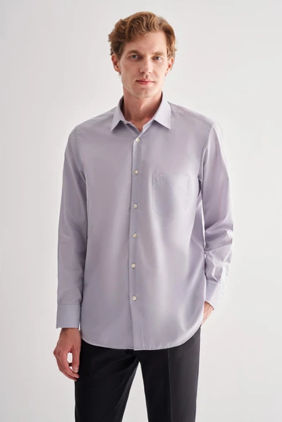 Gri Sert Yaka Uzun Kol Easy To Iron Comfort Fit Pamuklu Gömlek 1004255182 ürün görseli