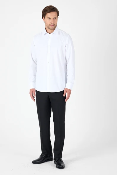 Beyaz Uzun Kol Sert Yaka Cepsiz  Comfort Fit Pamuklu Gömlek 1004250914 - Resim 2