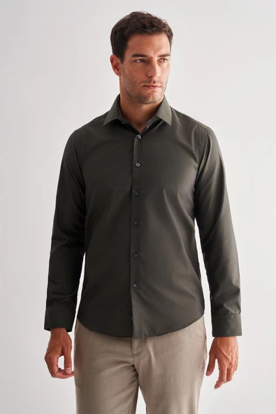 Haki Sert Yaka Filafil Desen Uzun Kol Slim Fit Pamuklu Gömlek 1004255181 - Resim 3