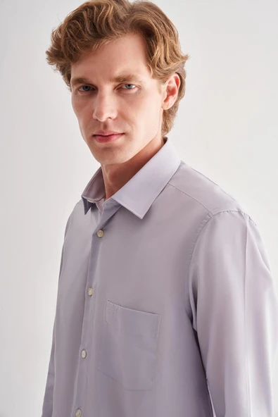 Gri Sert Yaka Uzun Kol Easy To Iron Comfort Fit Pamuklu Gömlek 1004255182 - Resim 4