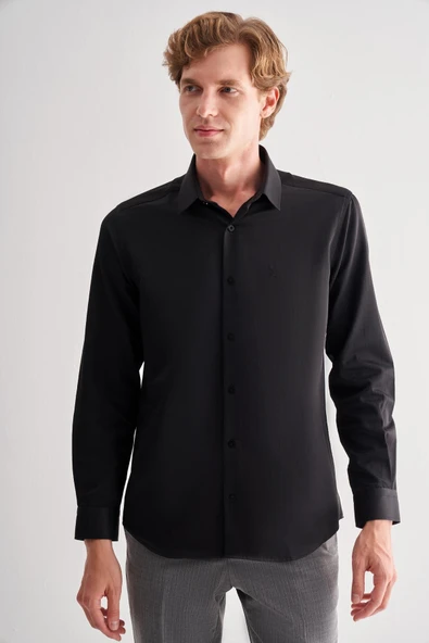 Siyah Sert Yaka Uzun Kol Slim Fit Pamuklu Gömlek 1004255175 - Resim 3