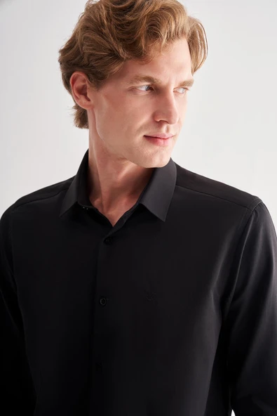 Siyah Sert Yaka Uzun Kol Slim Fit Pamuklu Gömlek 1004255175 - Resim 4